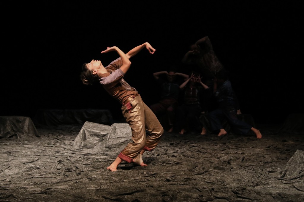 Une danseuse en premier plan, derrière elle d'autres interrprèetes mais presque invisibles à cause de la pénombre. La personne en premier plan à le dos à l'arrière et fait comme une moulinette avec ses mains.