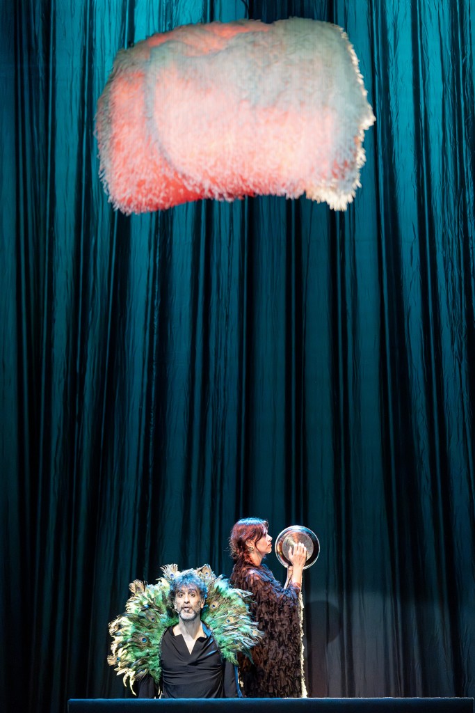 Un nuage rose sur la tête des interprètes. derrière un rideau bleu. L'interprète à gauche semble assis. Il est habillé en noir avec des plumes de paon. La personne à droite est debout et elle semble jouer des percussions.